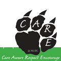 A silhouette of a black wolf paw with the letters C, A, R, and E appearing one each on a toe with the word Pack in white to the left of the paw. Care Aware Respect Encourage in a script font appears in white below the paw on a green background