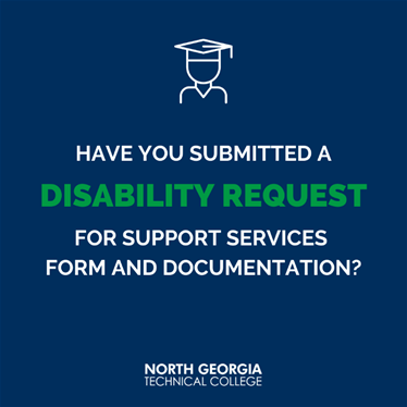 The text 'have you submitted a disability request for support services form and documentation' in white text centered on a navy background.